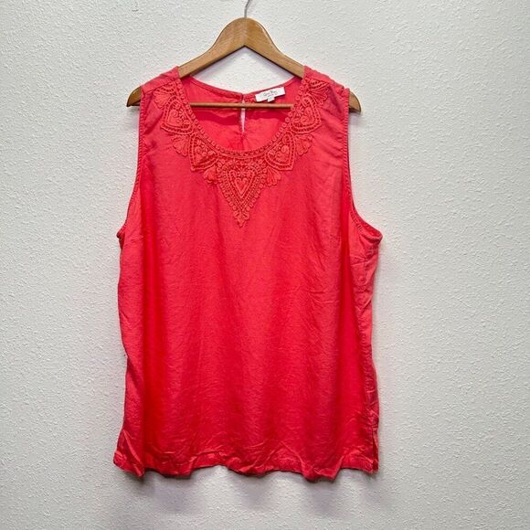 Coral Bay Womens Sleeveless Top Crochet Collar‎ Coral Linen Rayon Size 3X - Picture 1 of 12